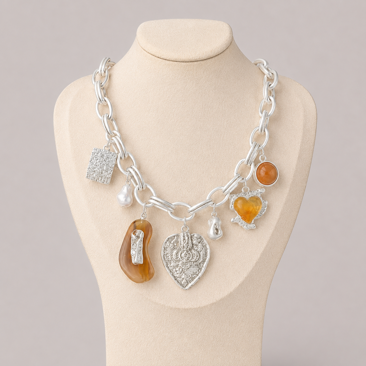Silver Amber Charm Statement Necklace