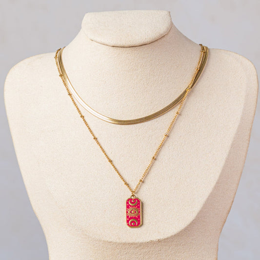 Dual Chain Pink Evil Eye Necklace