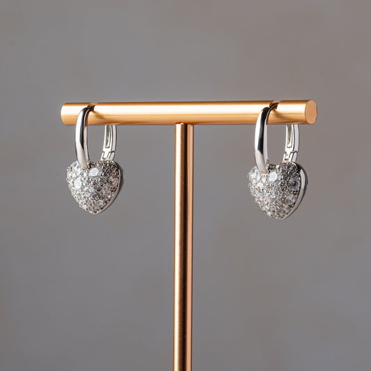 Silver Heart Pavé Hoops