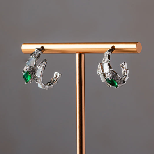 Silver Emerald Mosaic Hoops