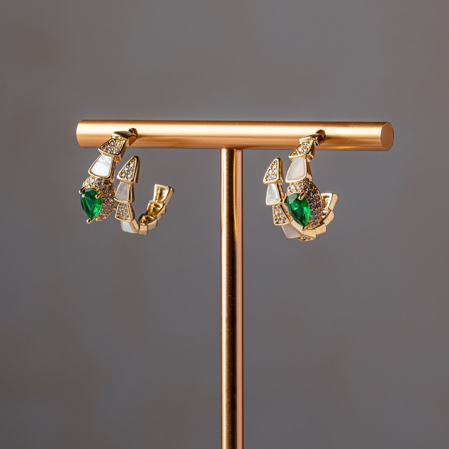 Gold Emerald Mosaic Hoops