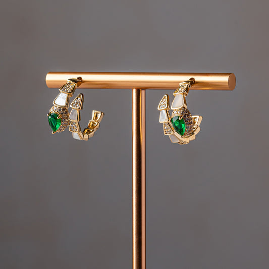 Gold Emerald Mosaic Hoops